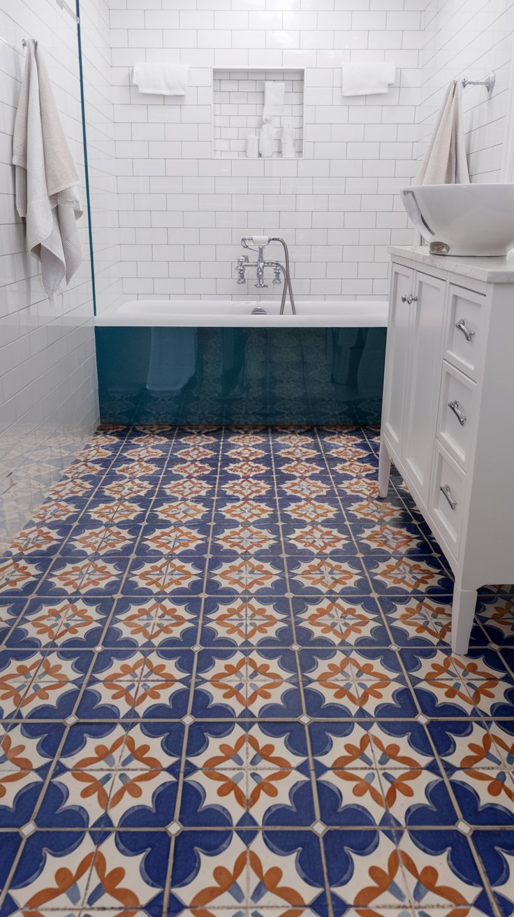 A striking bathroom showcasing bold patterned Moroccan-style mosaic tiles on the floor, creating a captivating design