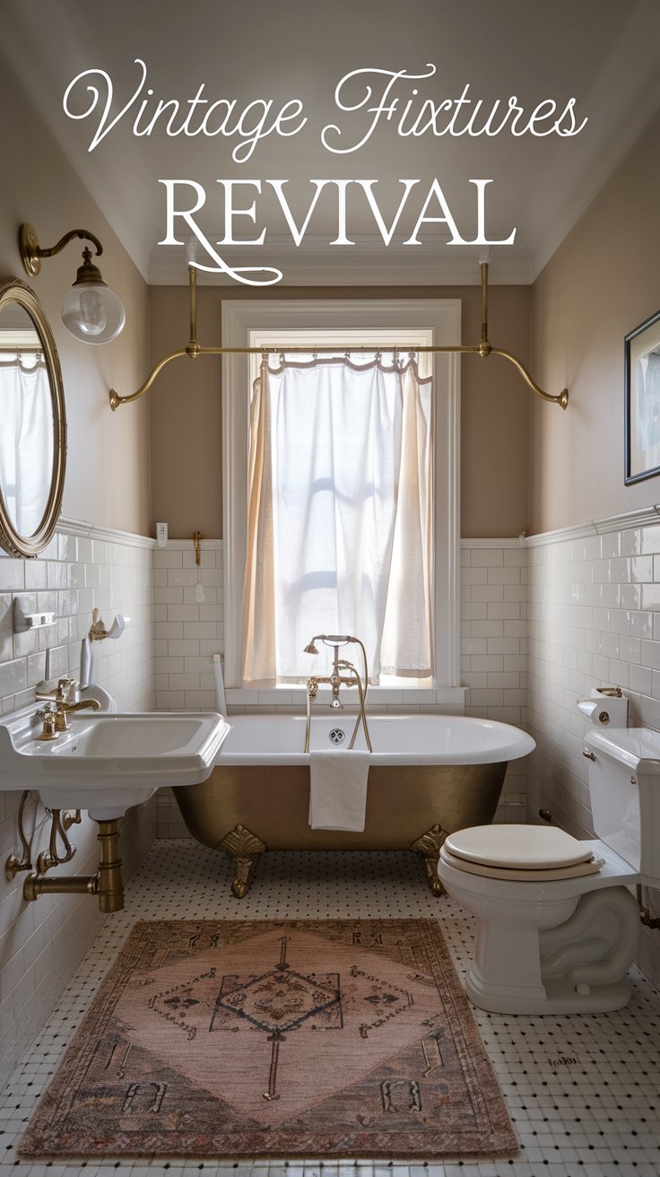 A charming bathroom with vintage-inspired fixtures, featuring antique brass finishes and a classic clawfoot bathtub