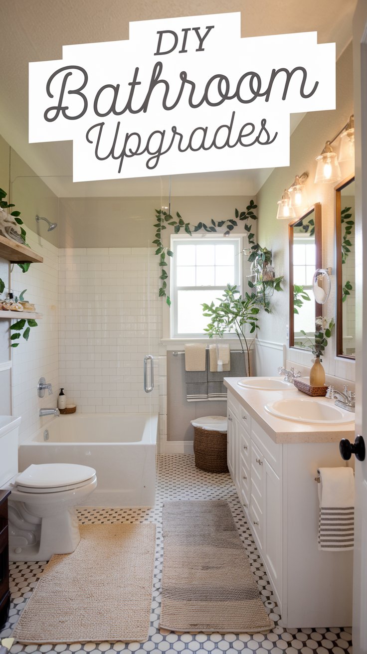 An inviting bathroom with budget-friendly updates, including stylish storage and layered rugs for a cozy vibe.