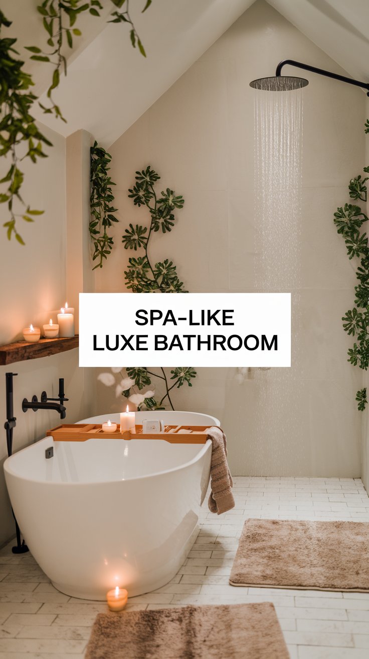 A luxurious bathroom scene featuring a freestanding soaking tub and rainfall showerhead with delicate fragrant candles.